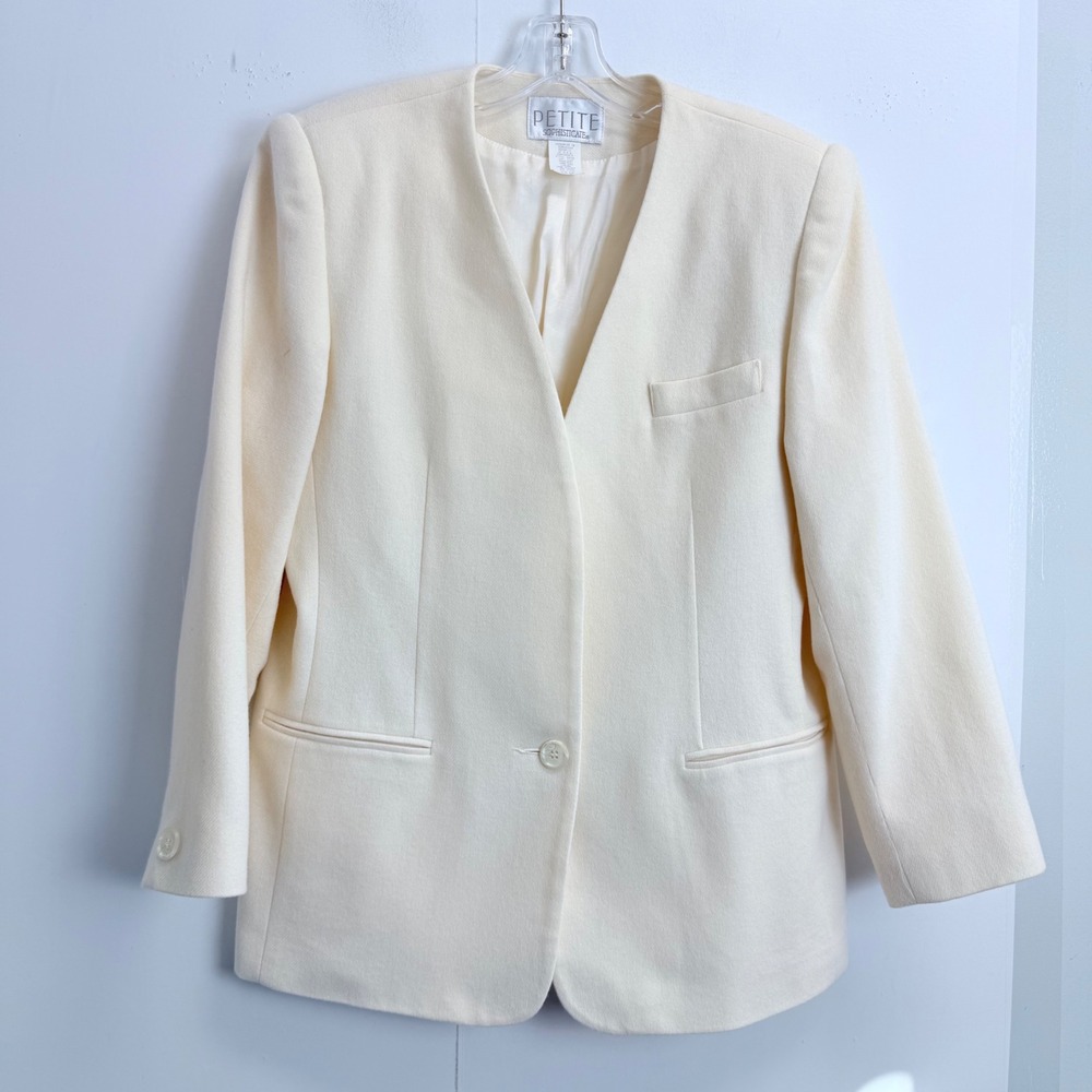 Petite Sophisticate Cream 100% Pure Wool Collarless Blazer Jacket Ivory Size 12P